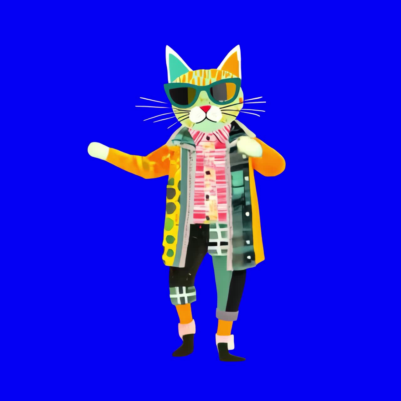 Stylish cat in vibrant attire animation, transparent 4K video, green screen