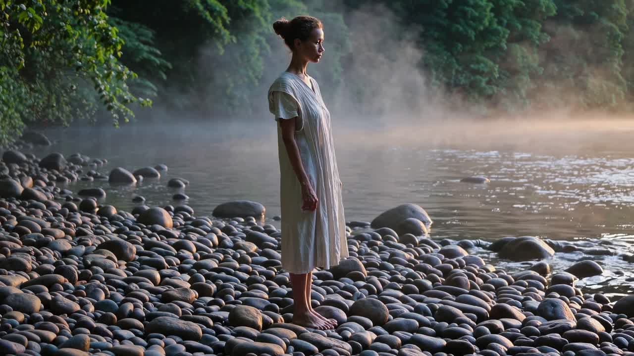 Young woman practicing mindfulness by a misty river at sunrise, standing barefoot on smooth rocks, enjoying the serene atmosphere and connection with nature