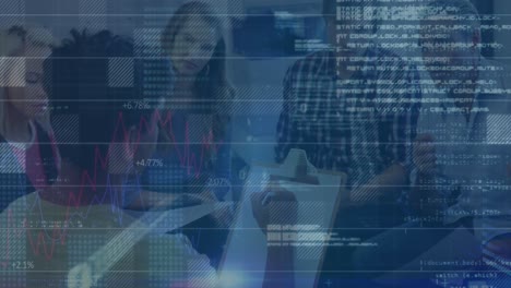 animation of financial data processing over diverse business people in office