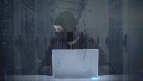 Animation-Eines-Vermummten-Mannes,-Der-Einen-Computer-Hackt