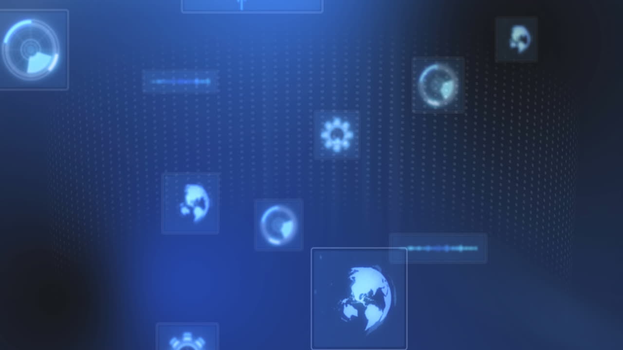 Animation of data processing and scope scanning on screens over rows of dots on blue background