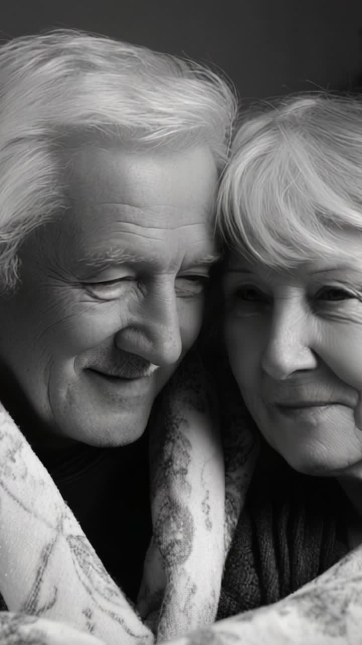 Een teder moment: een ouder echtpaar deelt genegenheid onder een knusse deken, wat de schoonheid van liefde, verbinding en samenzijn in hun gouden jaren vastlegt