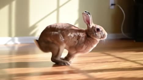 a rabbit hops energetically across a wooden floor in a well-lit living room, enjoying the warmth of the sun streaming through a window.