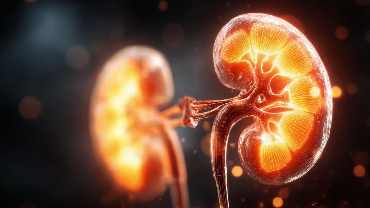 A Stunning Visual Representation of Human Kidneys Illuminated with Abstract Light and Texture, Showcasing Anatomy and Biological Functionality in Artistic Detail