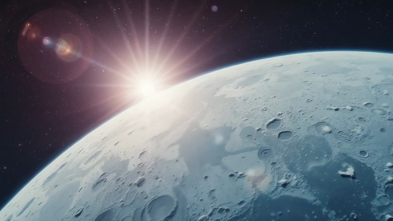 Observing sun rising on lunar horizon, lighting moon's cratered surface in space, with lens flares