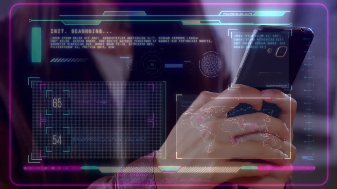 animación del procesamiento de datos sobre una mujer de negocios asiática que usa un teléfono inteligente