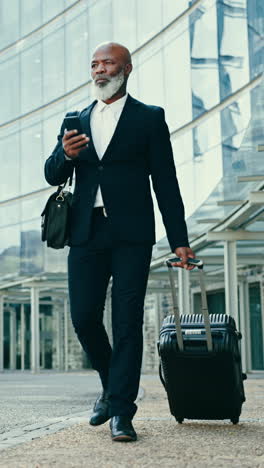 business man, suitcase and phone in city