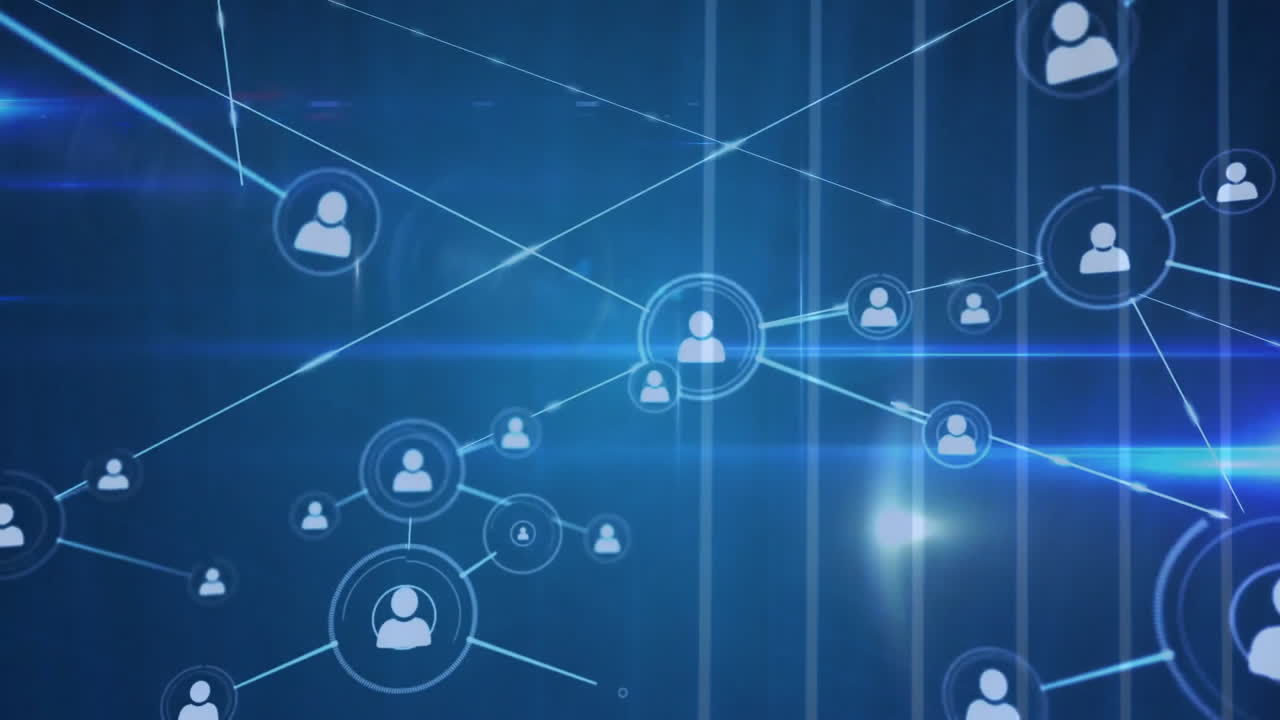 animación de iconos conectados con líneas y destellos de lentes sobre un fondo abstracto