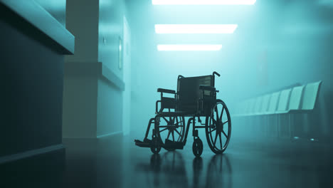 Standard-manual-wheelchair-in-empty,-foggy-hospital-corridor.-Zoom-out-camera.-Symbolizes-disability-of-handicapped-people-caused-by-illness-or-injury.-Medical-video-with-cinematic-blue-colors.