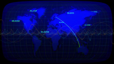 global data transmission animation over world map with numerical coordinates