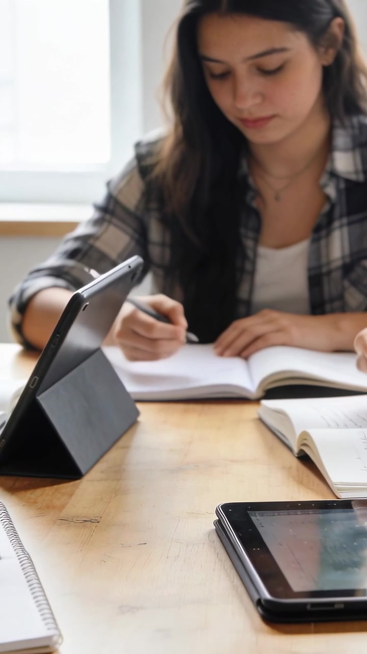 Video verticale: Studentessa che scrive, con camicia a quadri, studia al tavolo usando tablet e quaderni.