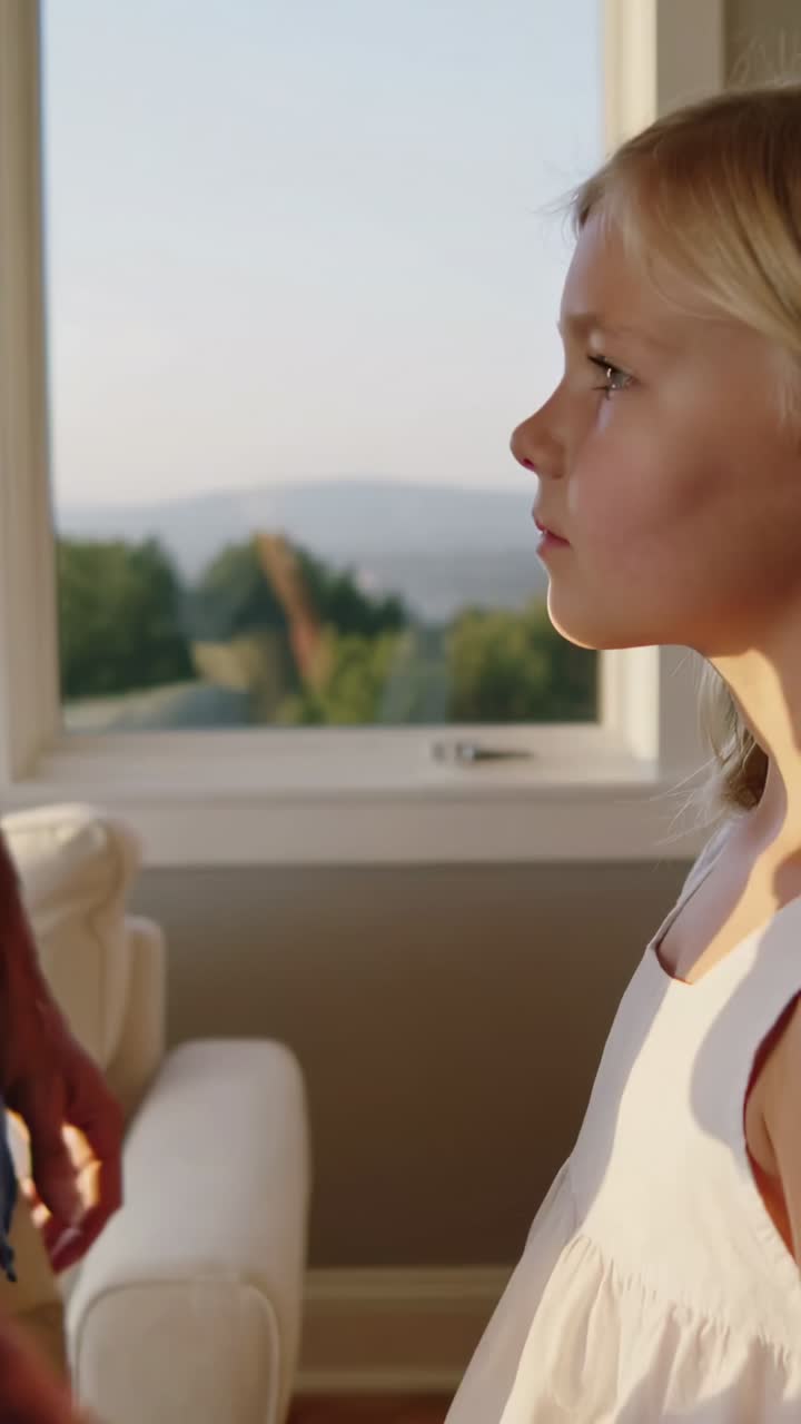 Vertical video: Walking dad touching girl's shoulder by window, navy shirt, white dress, copy space