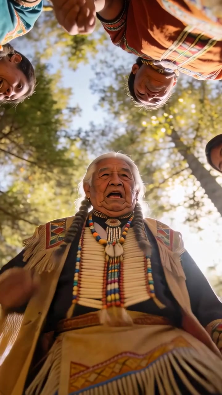 Vertikales Video: Mund öffnend, indigener Ältester leitet Kreis unter sonnigen Kiefern, trägt Knochenbrustplatte