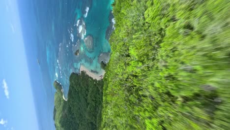 spectacular drone flight over forest landscape down to crystal clear ocean and sandy beach - playa ermitano, dominican republic - fpv dynamic drone shot