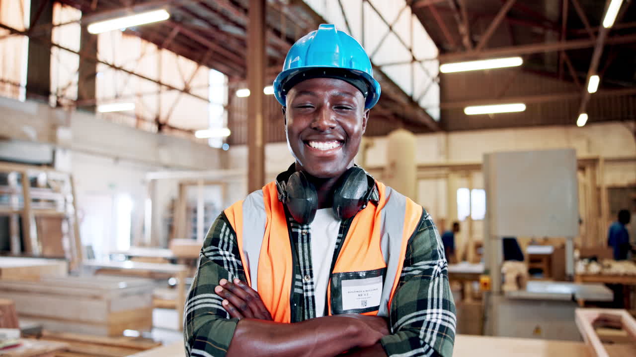Smiling African American Construction Worker in Workshop