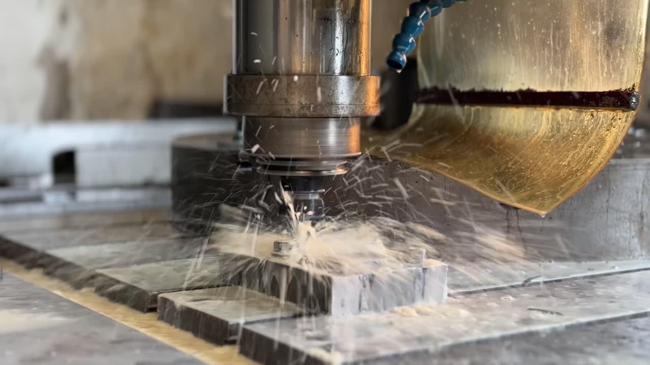 Automated Programmed CNC vertical drilling machine. Process over stainless steel metal piece Industrial Factory 4k. Type A