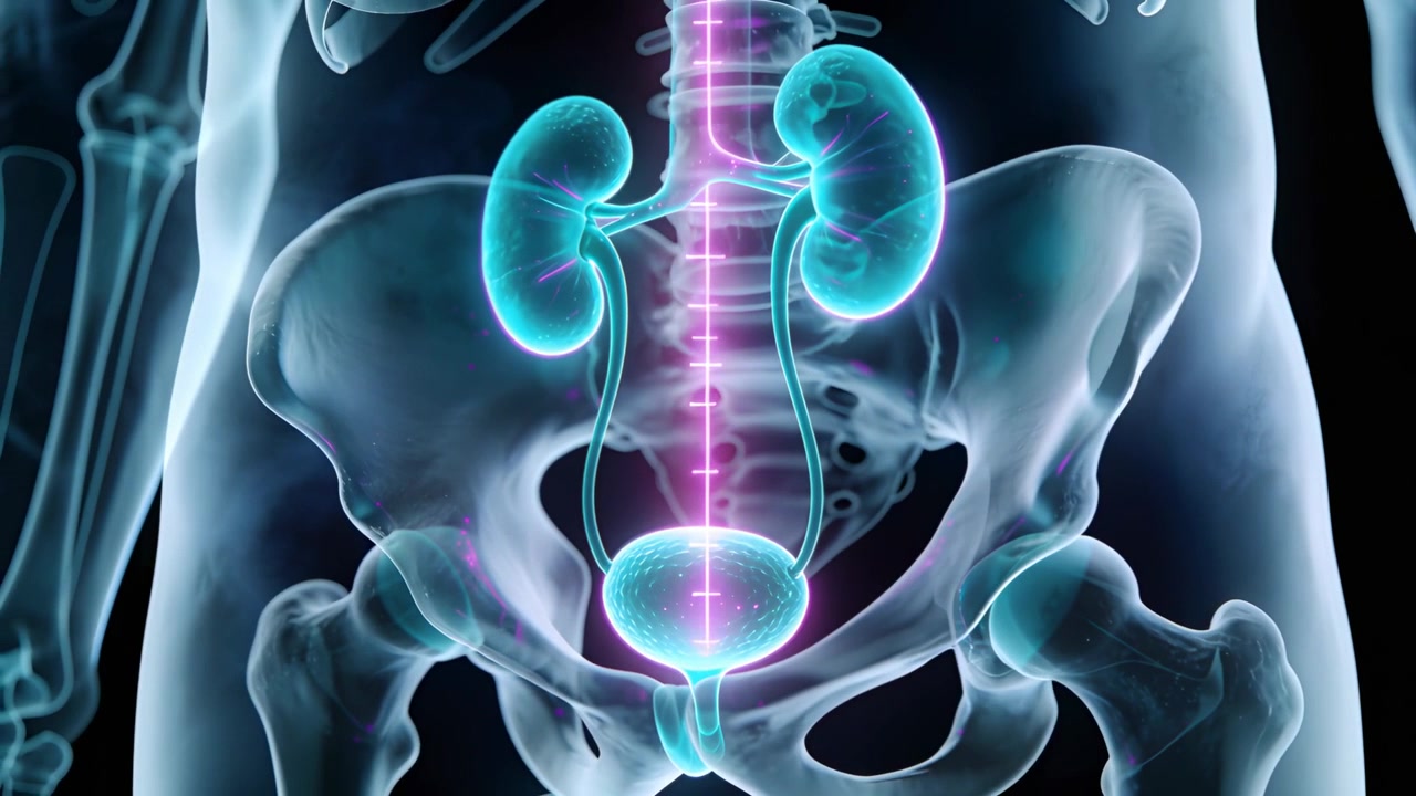 Showing urinary med CGI glow starting pulsing down spine into bladder to show flow, kidneys ureters