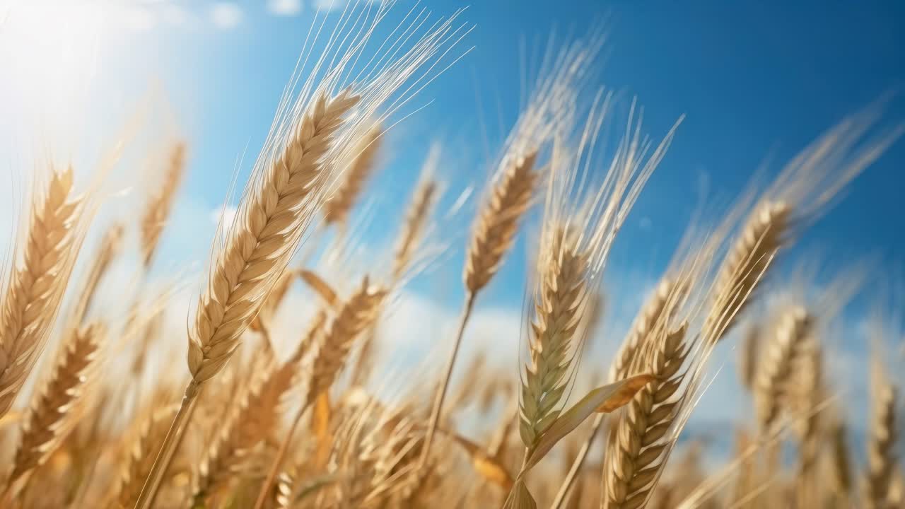 Low-angle video shot of golden wheat stalks swaying under a bright blue sky, capturing the essence