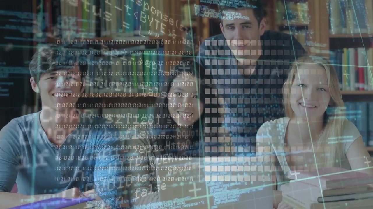 Animazione di elaborazione dati su studenti caucasici che usano il laptop
