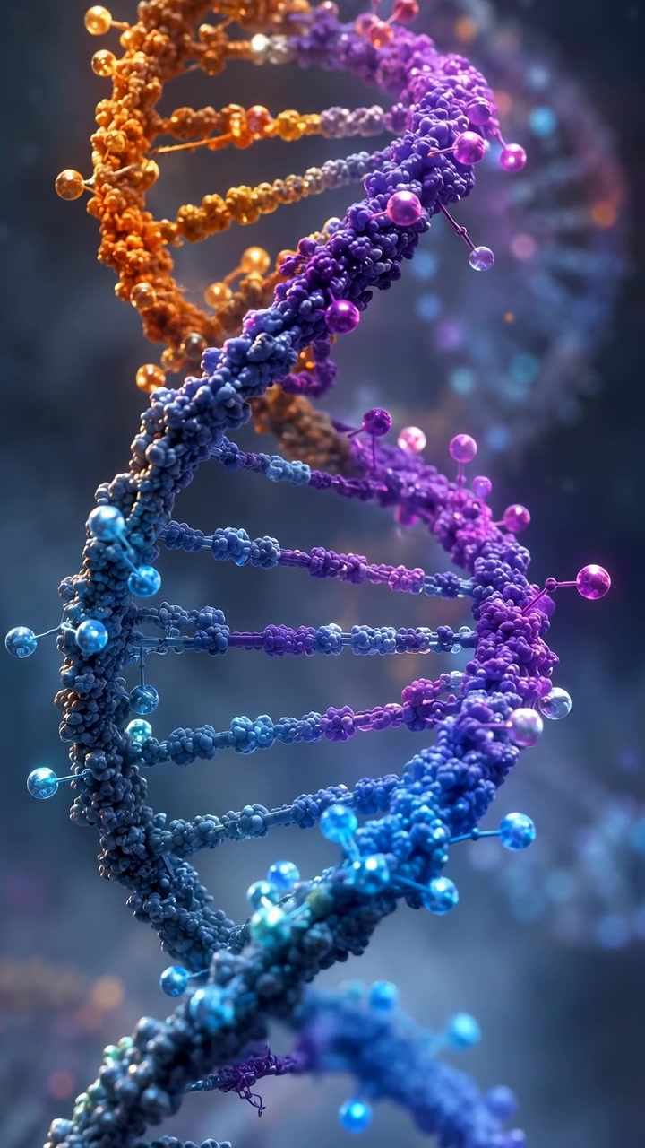 Primo piano verticale di una doppia elica di DNA scolpita centrata su sfondo scuro, che mostra filamenti granulari intrecciati, pioli ripetuti, riflessi lucidi, toni caldi arancioni e freddi blu, scienza