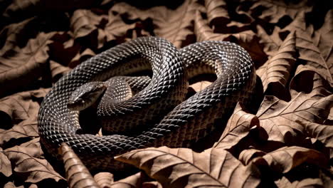 a coiled snake resting on a bed of dry brown leaves