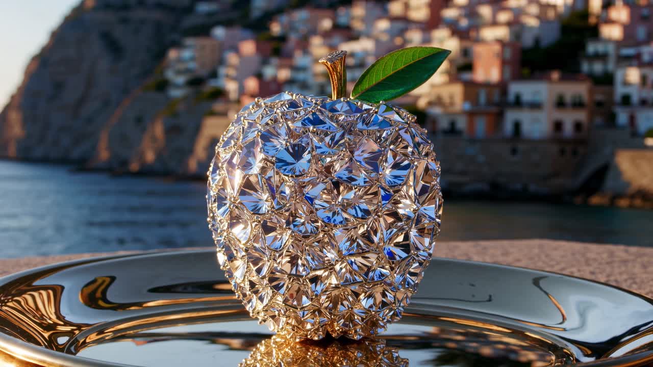Diamond apple rests on a golden plate, sparkling in the setting sun with the picturesque Amalfi Coast and the Tyrrhenian Sea providing a stunning backdrop