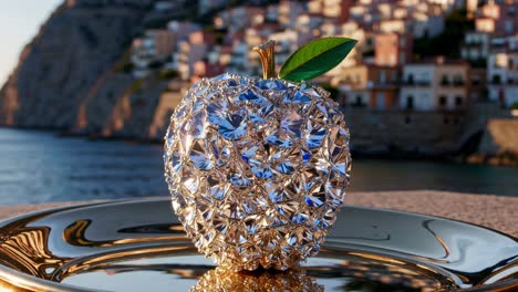 diamond apple rests on a golden plate, sparkling in the setting sun with the picturesque amalfi coast and the tyrrhenian sea providing a stunning backdrop