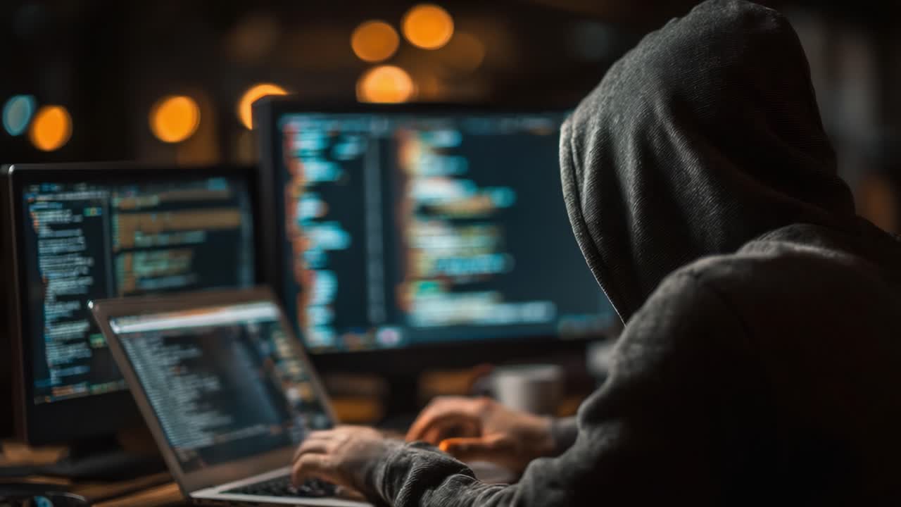 A Focused Programmer Wearing a Hoodie Engaged in Coding on Multiple Screens with a Glowing Interface in a Dark Environment Filled with Bokeh Lights