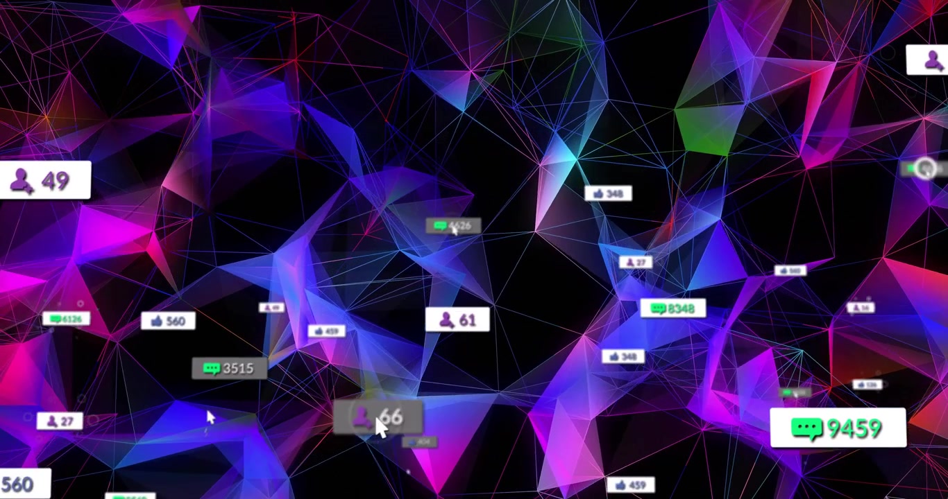 Neon mesh and badges animating as white cursor entering, highlighting counts, visualizing metrics