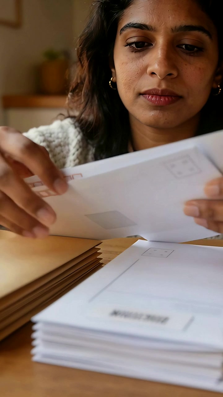 Vertical video: Leaning woman in cream knit sweater picking envelopes, sorting white mail at home