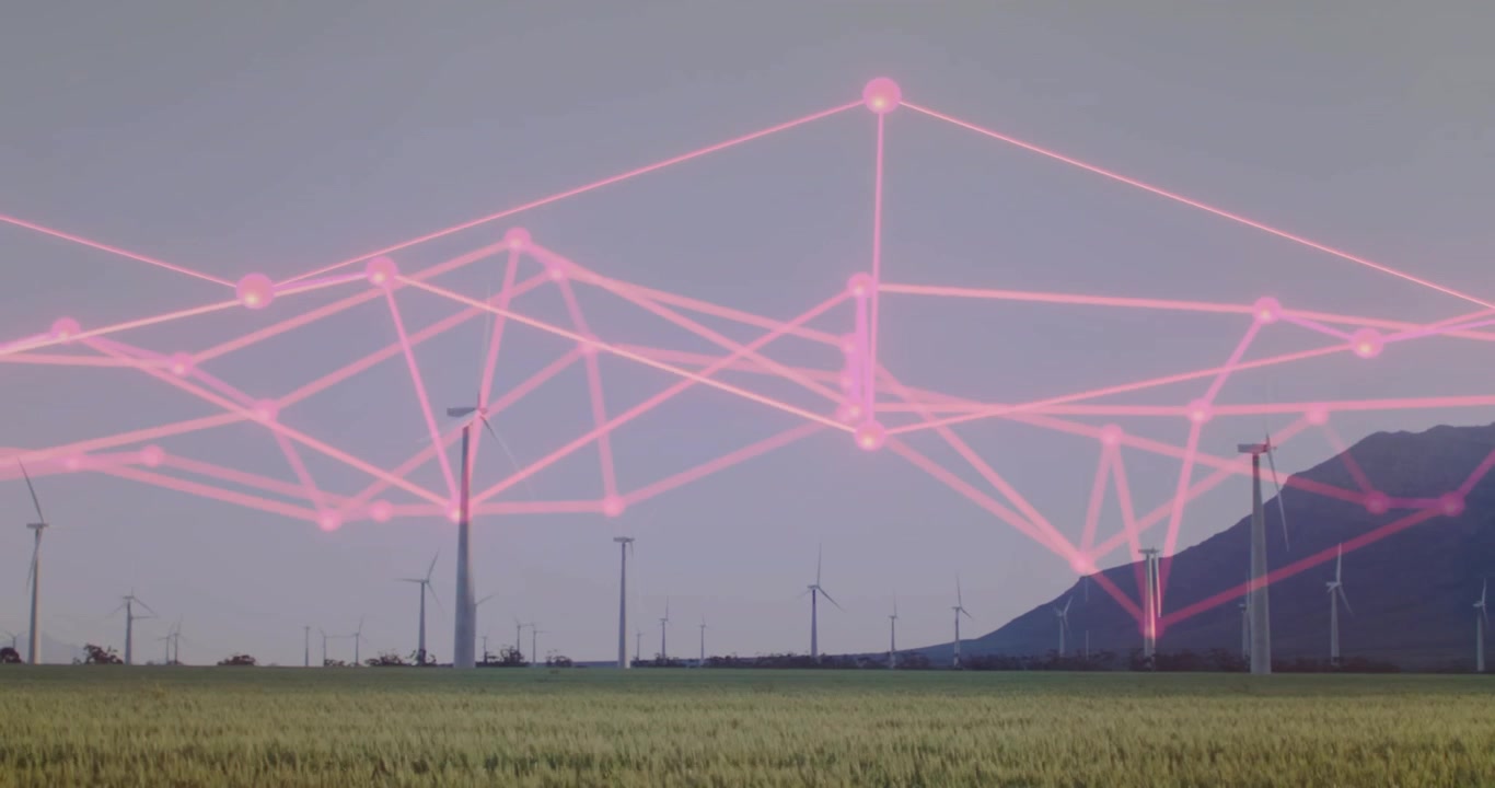 Pink mesh network appearing across wind turbines, pulsing, shifting links mapping energy flow