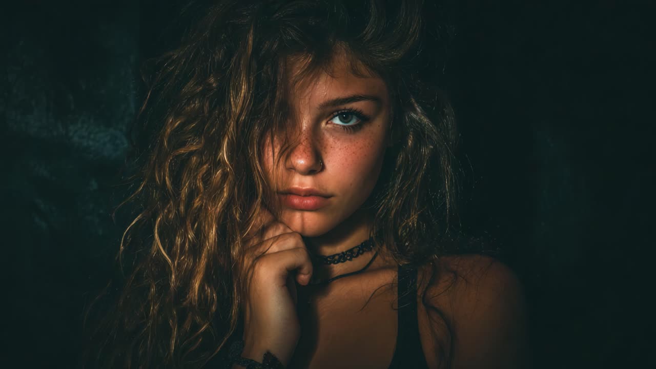 In a dimly lit space, a captivating young woman with striking eyes and wild, curly hair gazes intensely at the viewer, conveying emotion and intrigue through her expression