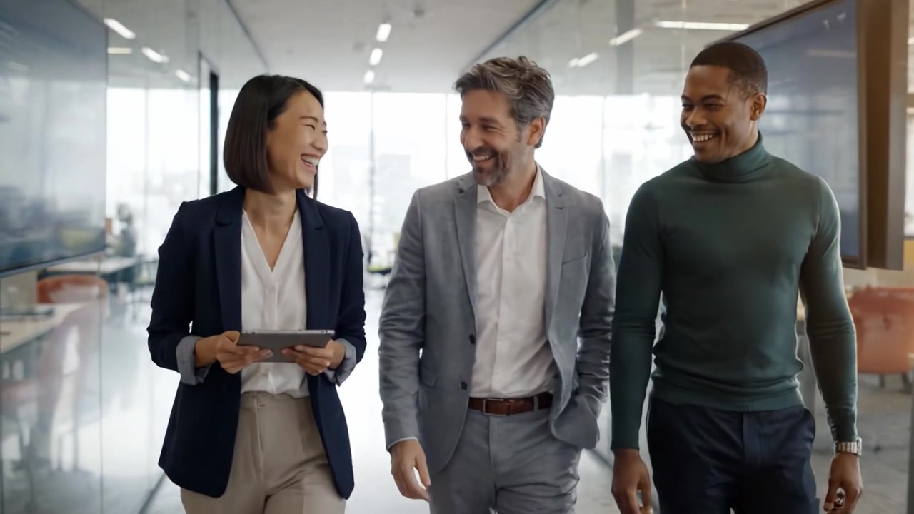 Un team dinamico collabora: conversazioni coinvolgenti e risate in un ambiente d'ufficio moderno mostrano cameratismo professionale e spirito di squadra.