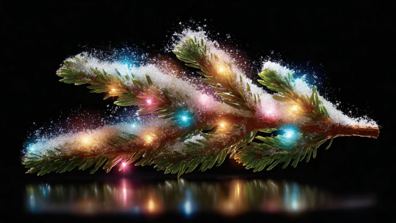 A Beautifully Decorated Pine Branch Covered in Snow and Twinkling Lights, Perfect for the Festive Winter Season and Holiday Celebrations