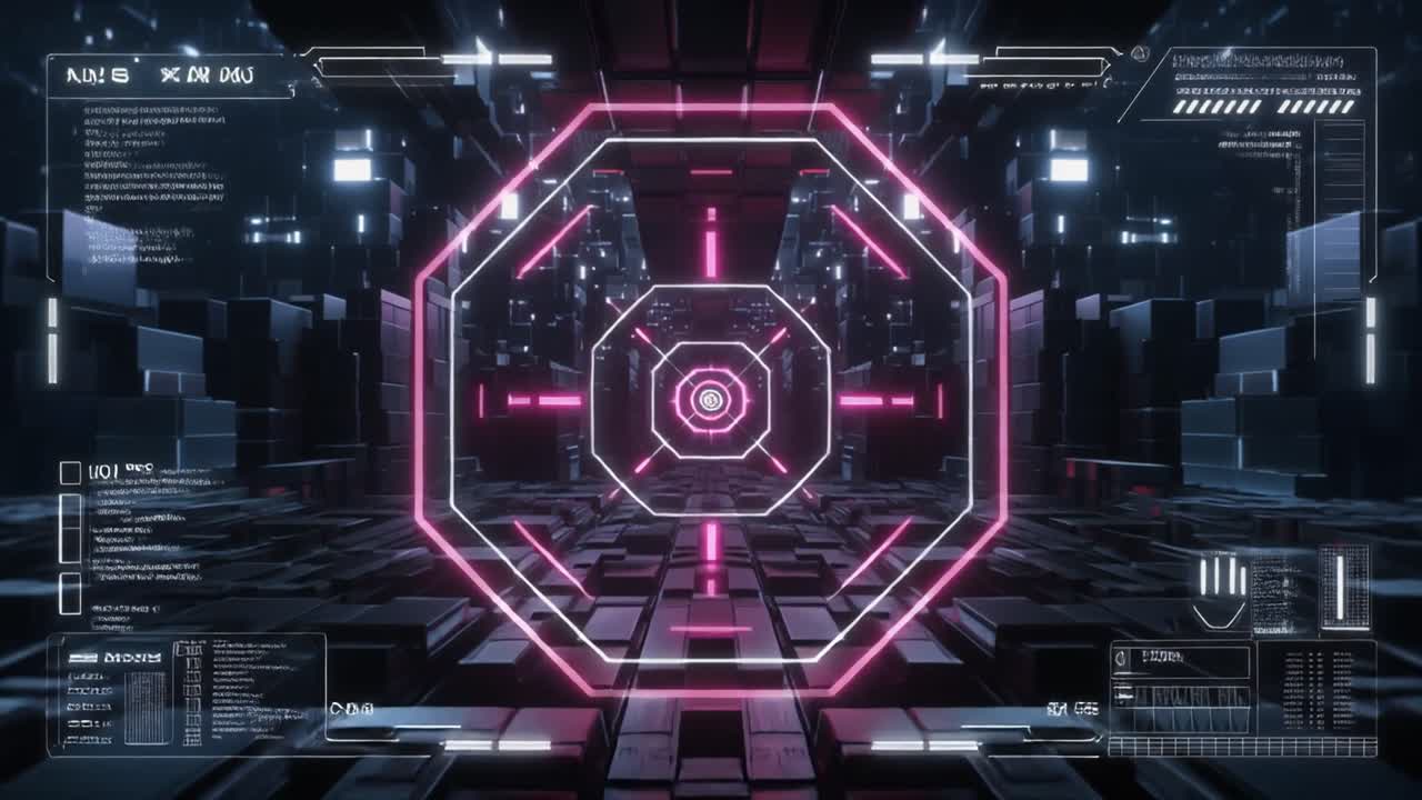 High-Tech Digital Interface Scanning a Neon Tunnel