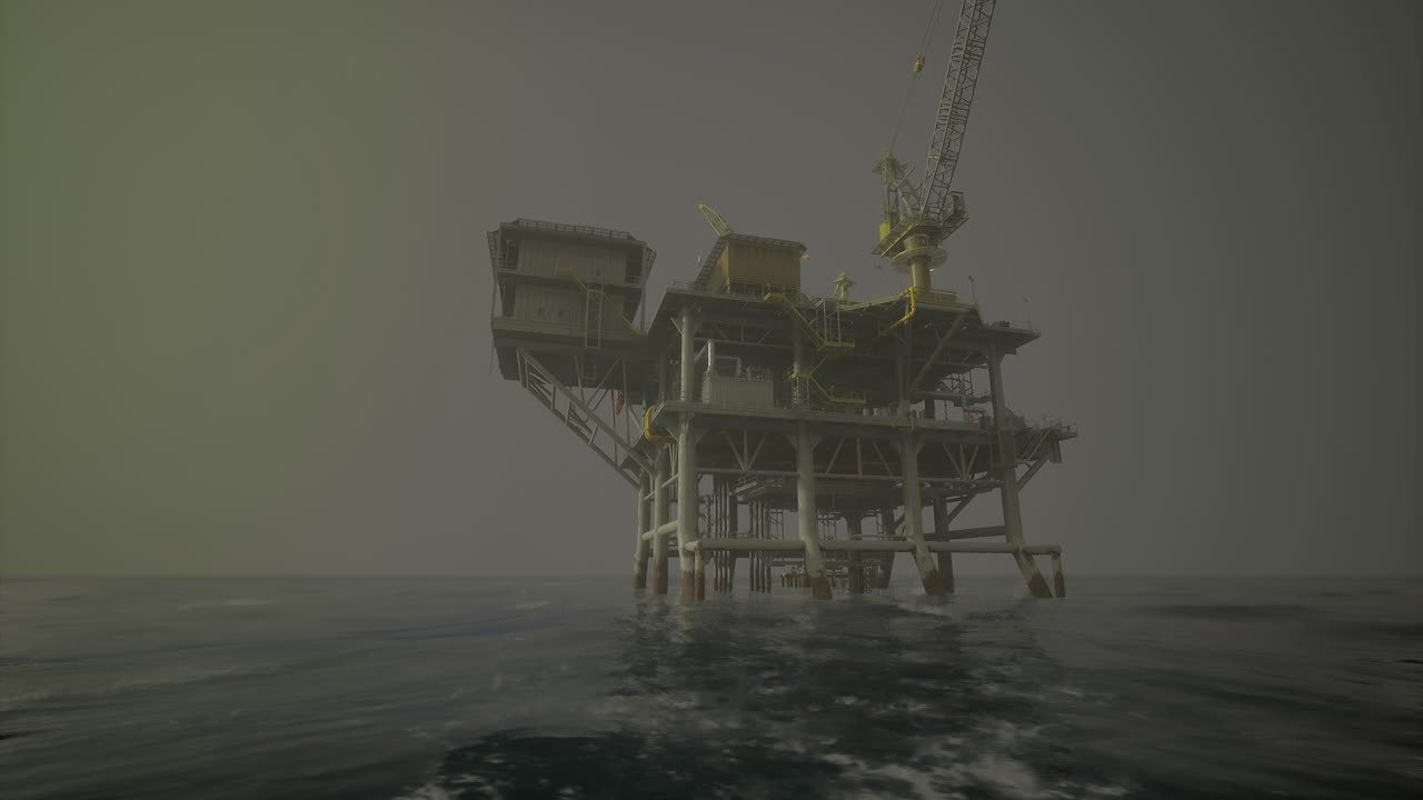 Boreplatform i skumringen omgivet af roligt vand og tåge.