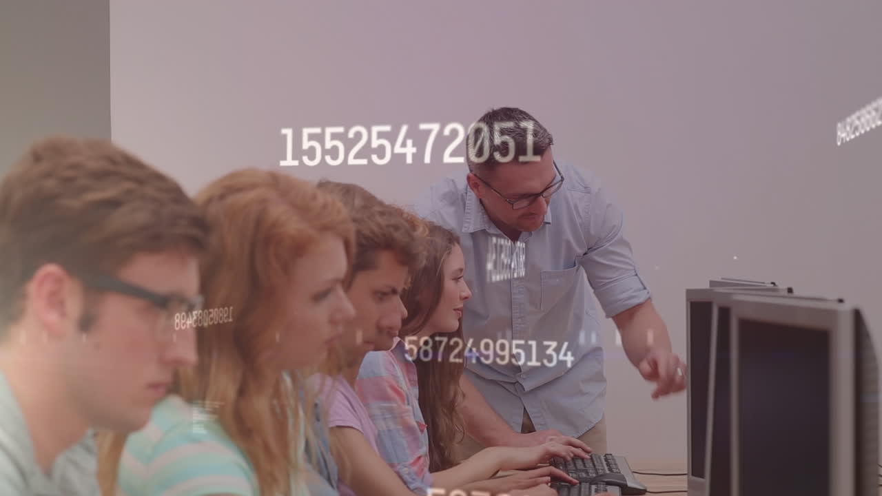 animación de números sobre profesor y estudiantes caucásicos que usan computadoras