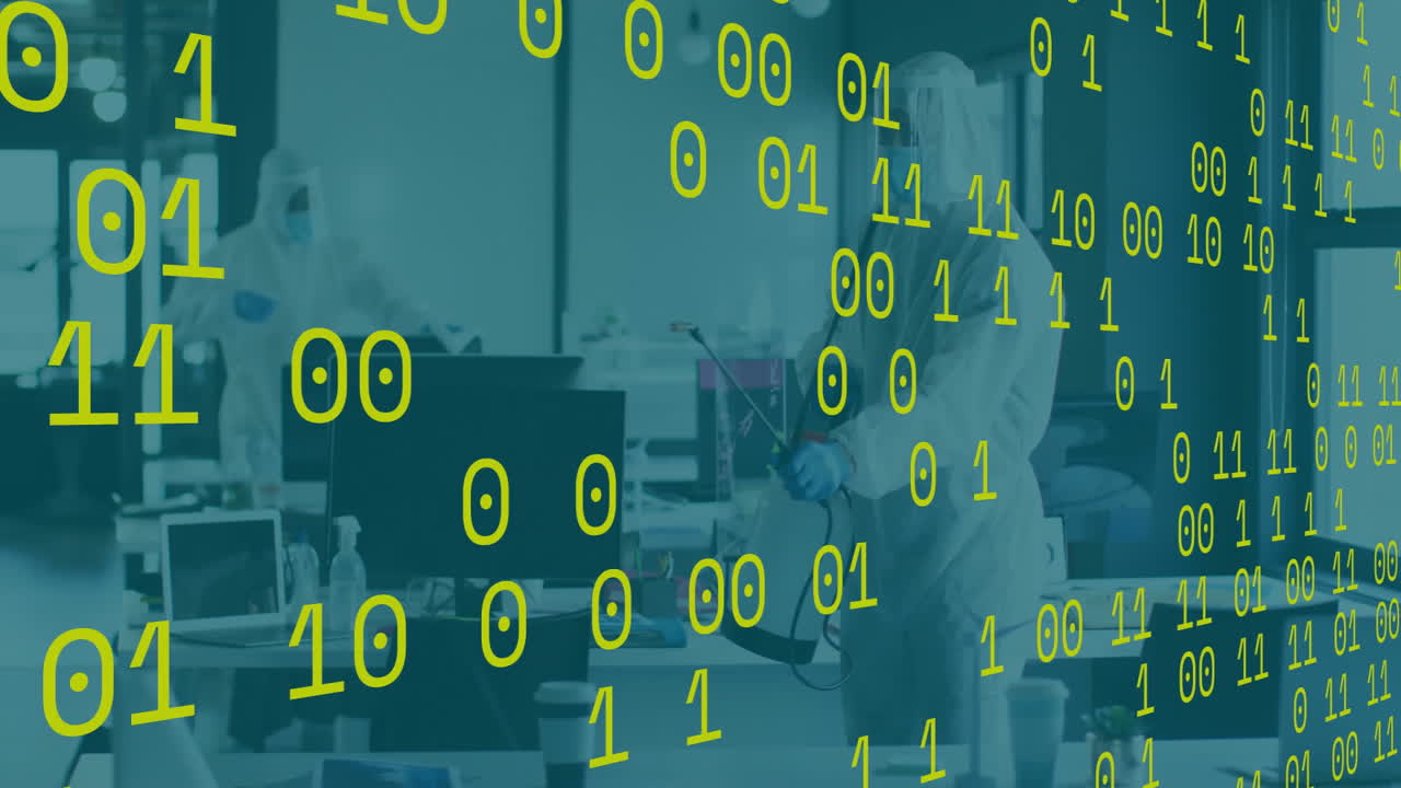 Two men in hazmat suits spraying office desks, with floating binary code signaling technology