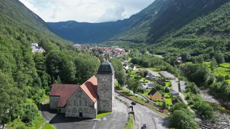 rjukan church and village in vestfold og telemark, norway - aerial 4k