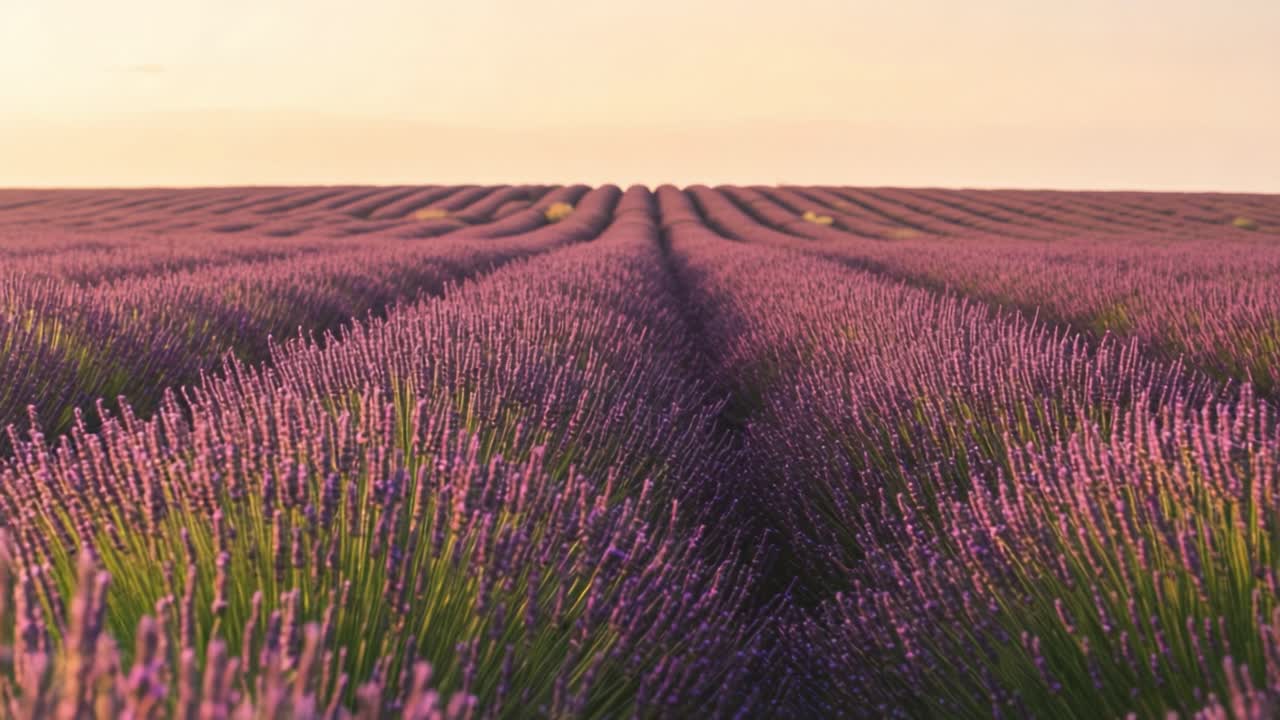 Fields of purple lavender stretch endlessly across the landscape in Provence, creating a stunning visual during sunset. The gentle hues of the flowers contrast beautifully with the warm colors of the evening sky. Bees buzz lazily among the blossoms, and a light breeze adds a soothing sound to the tr