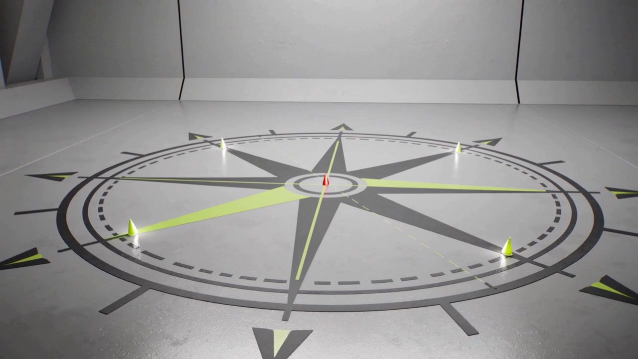Rotating yellow-green beam starting at center sweeping across compass in studio, showing red needle
