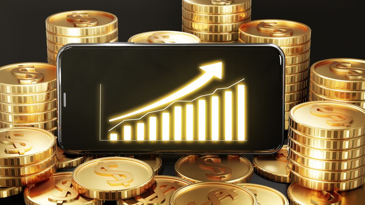 Phone on Dollar money coin screen Stock markets uptrend dynamic chart