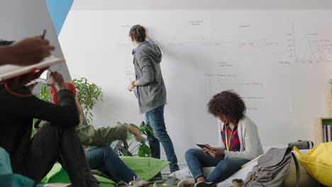 Joven-Líder-De-Equipo-Caucásico-Enseñando-A-Un-Grupo-De-Estudiantes-Mostrando-El-Cronograma-Del-Proyecto-En-Una-Pizarra-Presentando-Datos-Gráficos-Equipo-Diverso-Intercambiando-Ideas-En-Una-Conferencia-De-Oficina