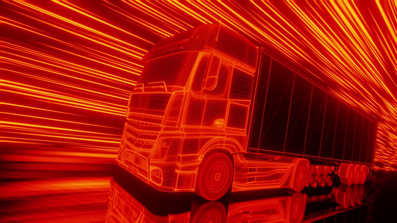 3D animation loop of red neon truck riding fast