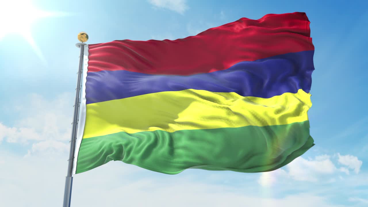 깊은 파란 하늘을 배경으로 바람에 흔들리는 모리셔스 발, 국가 테마, 국제 개념, 3d 렌더링, 원활한 루프, 4k