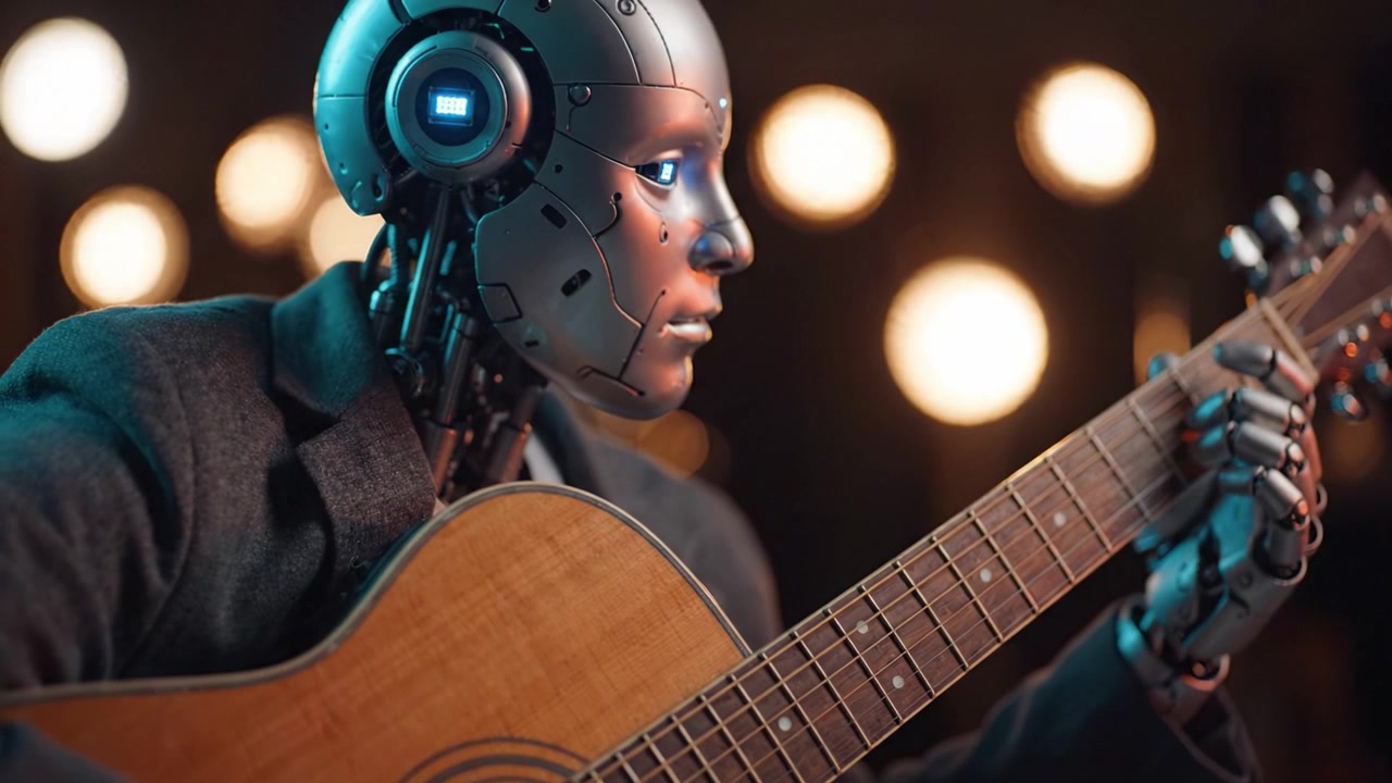 Un musicista robotico futuristico suona con maestria una chitarra acustica, affascinando il pubblico con melodie armoniose che uniscono tecnologia avanzata e arte.