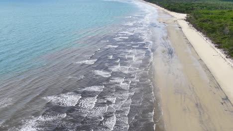 aerial footage glides above a pristine sandy beach with turquoise water and lush rainforest, under bright daylight, capturing gentle waves and coastal scenery