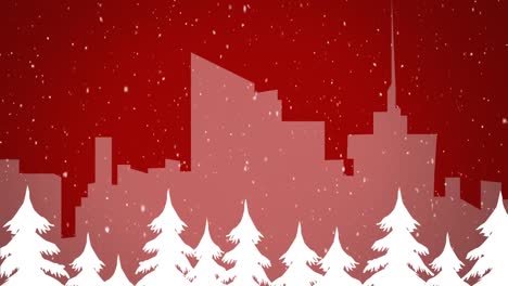animation of christmas snow falling over white trees, pink cityscape and red sky