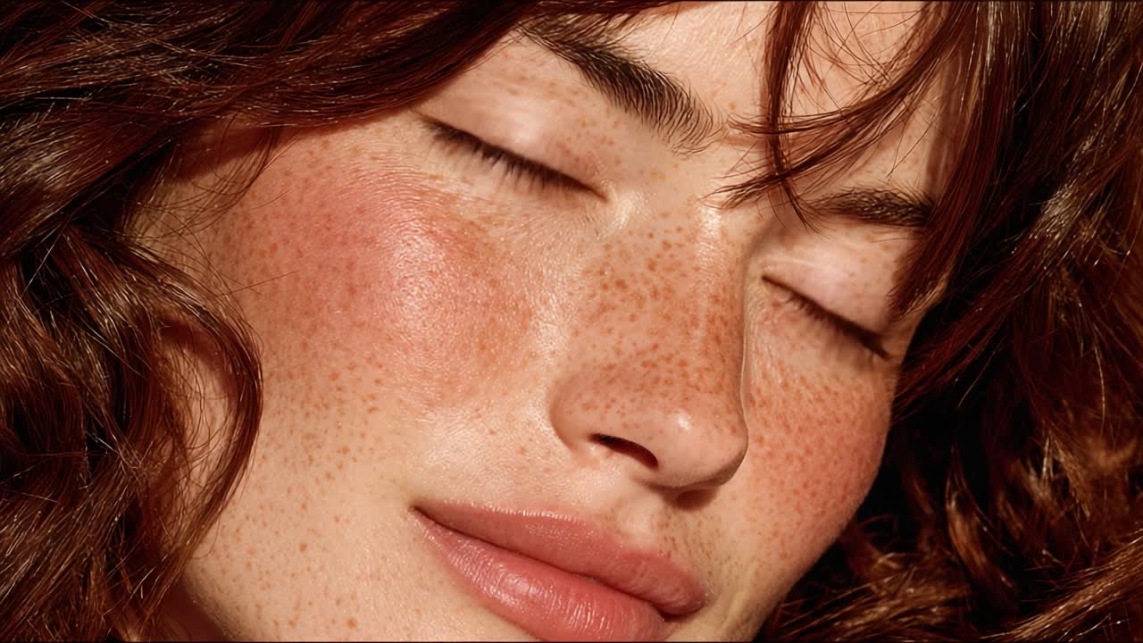 Captivating Portrait of a Young Woman with Freckles, Enhancing Natural Beauty Through Soft Lighting and Textured Hair, Showcasing Expressive Eyes and Flawless Complexion