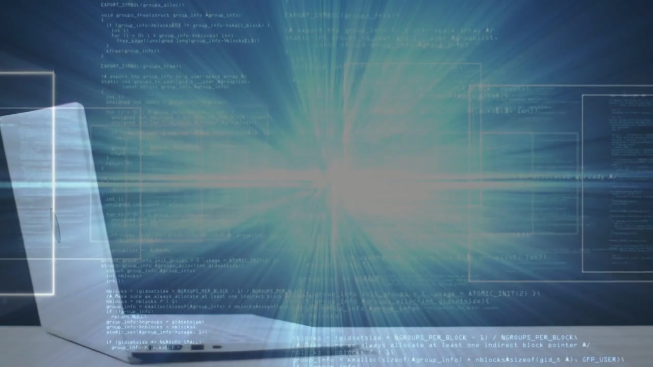 Silver laptop left powering up, emitting teal burst, scanning and streaming HUD code for data flow